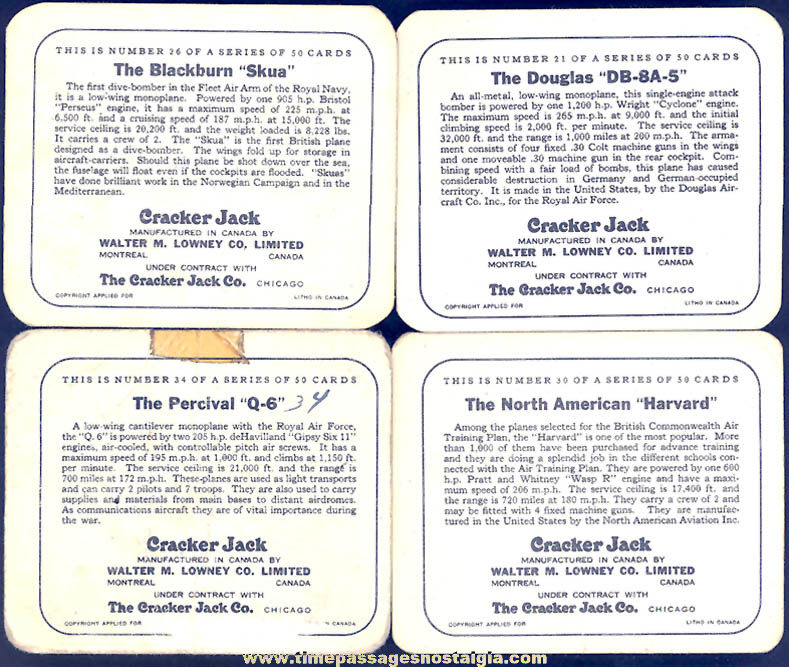 (4) Different Old Lowneys Cracker Jack Pop Corn Confection Military Aircraft or Airplane Trading Cards