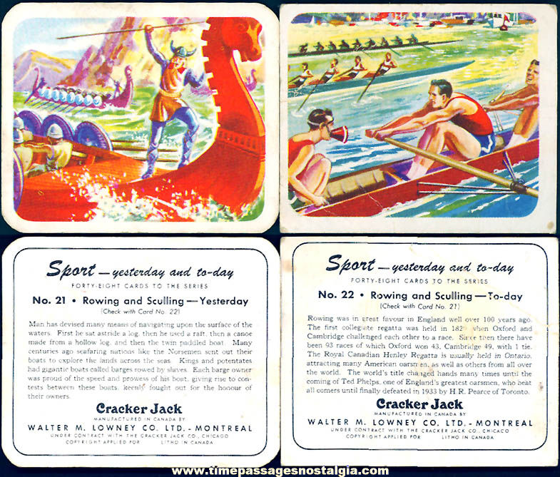 (2) Different Old Lowneys Cracker Jack Pop Corn Confection Yesterday and Today Rowing and Sculling Sports Trading Cards