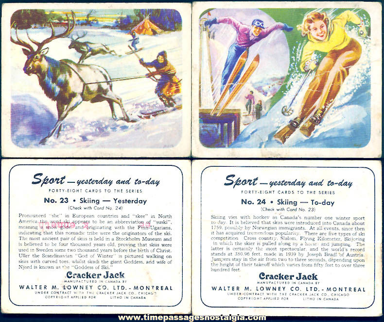 (2) Different Old Lowneys Cracker Jack Pop Corn Confection Yesterday and Today Skiing Sports Trading Cards