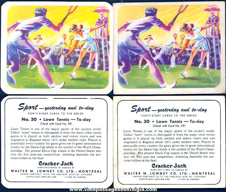 (2) Different Old Lowneys Cracker Jack Pop Corn Confection Yesterday and Today Lawn Tennis Sports Trading Cards