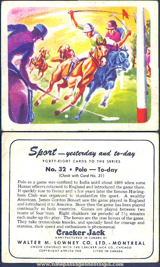 Old Lowneys Cracker Jack Pop Corn Confection Yesterday and Today Polo Sports Trading Card