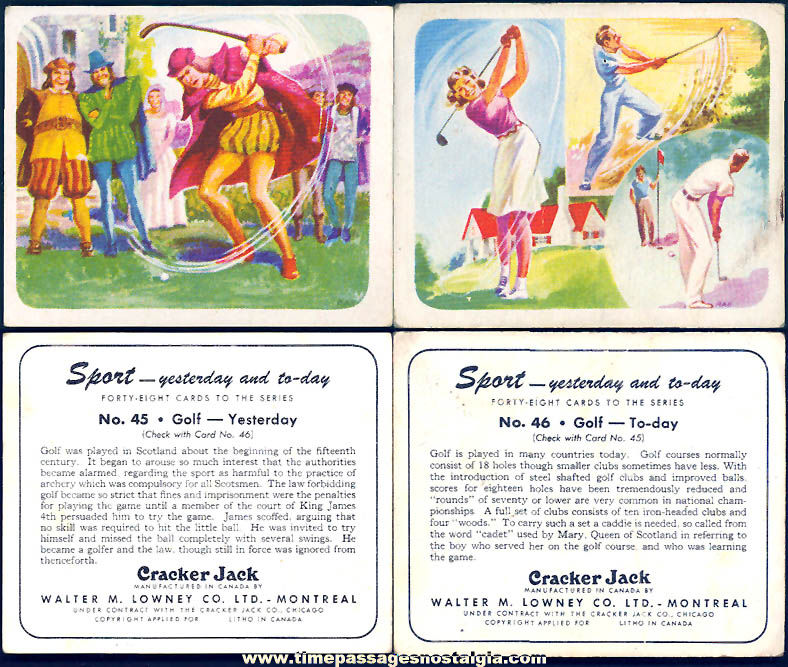 (2) Different Old Lowneys Cracker Jack Pop Corn Confection Yesterday and Today Golf Sports Trading Cards