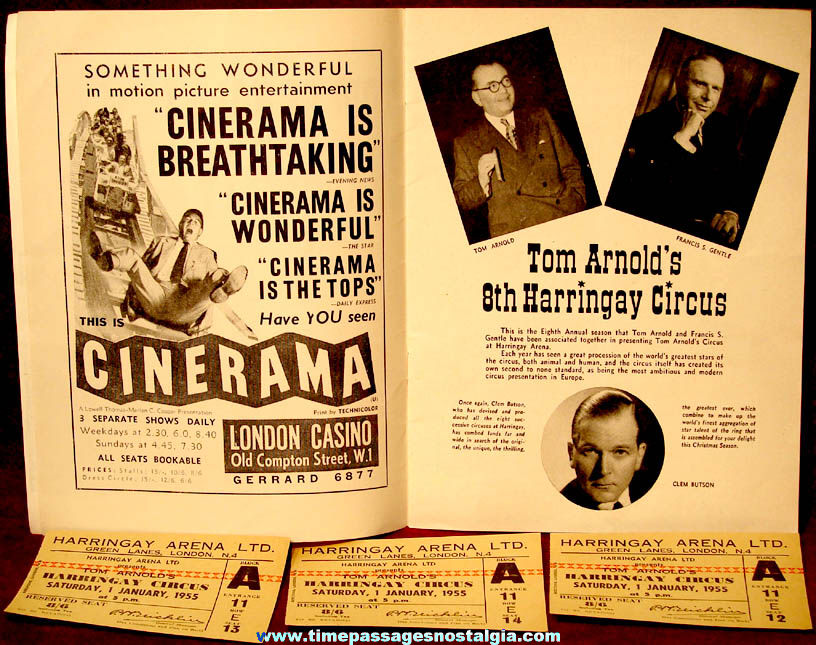 1954 – 1955 Tom Arnold’s Harringay Circus Advertising Souvenir Program Book & (3) Tickets