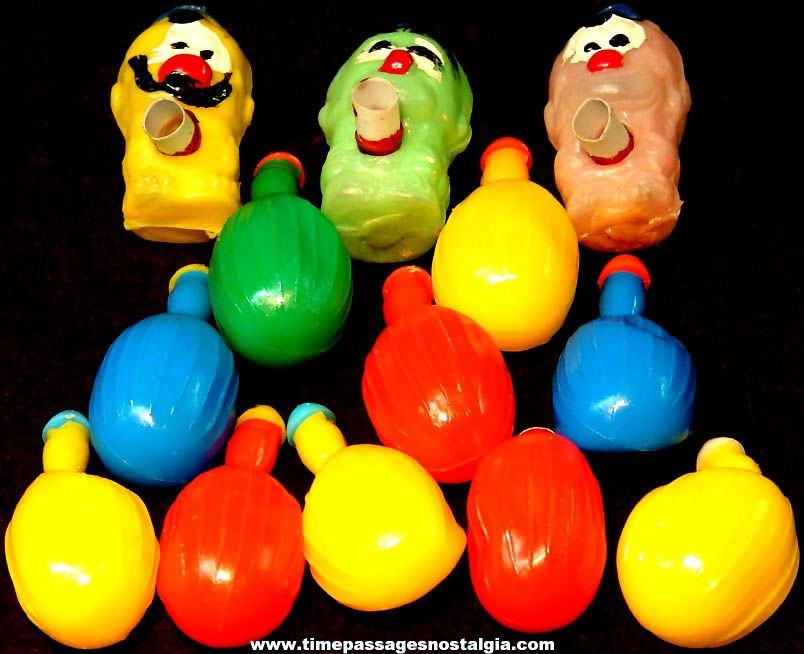 (13) Colorful Old Gum Ball Machine Prize Figure Heads & Water Squirters