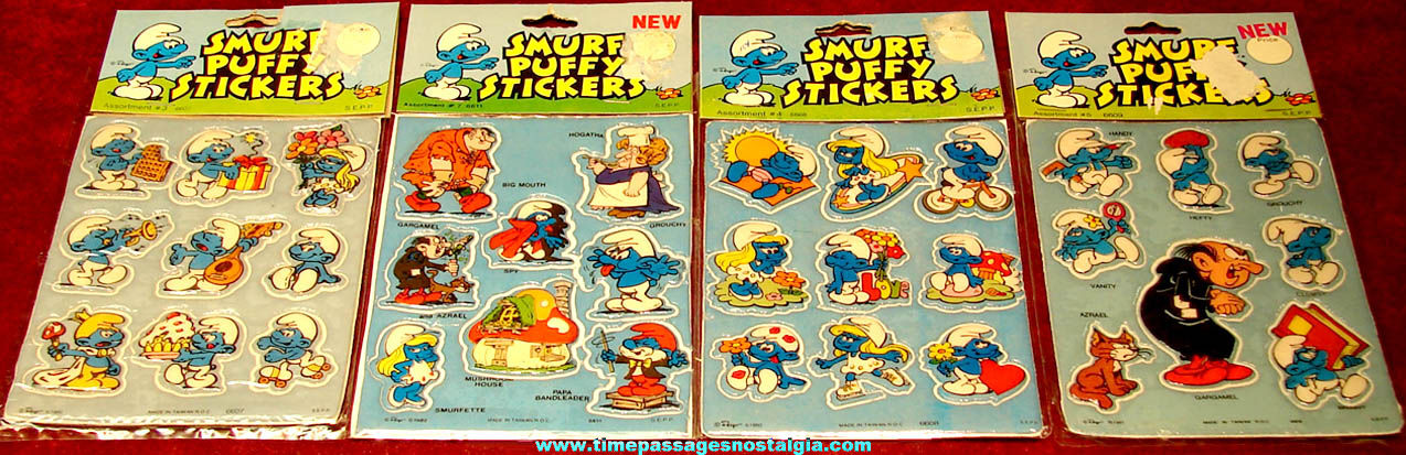 (4) Different Unopened & Unused 1980s Smurf Cartoon or Comic Character Puffy Sticker Sets