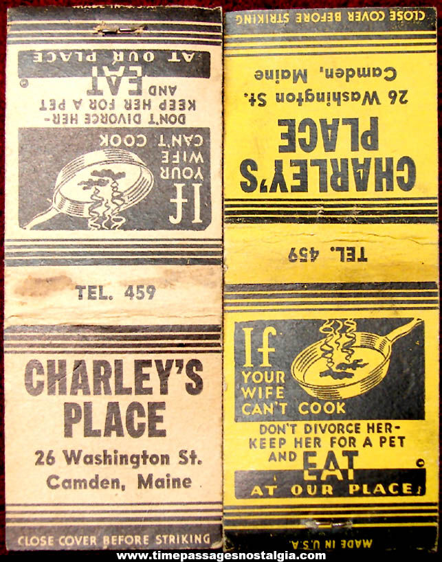 (2) Old Politically Incorrect Camden Maine Charleys Place Restaurant Advertising Match Book Covers