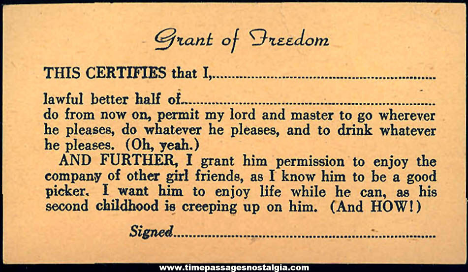 Old Unsigned Humorous Grant of Freedom Novelty Permission Card