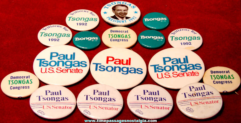 (17) Old Massachusetts Senator Paul Tsongas Political Campaign Advertising Pin Back Buttons