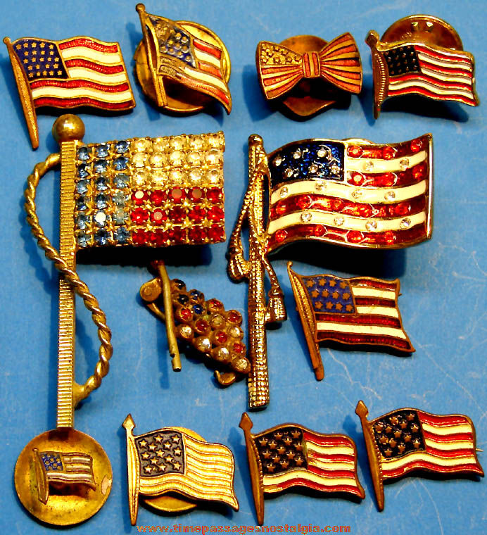 (12) Small Old United States of America Flag Metal Jewelry Pins & Buttons