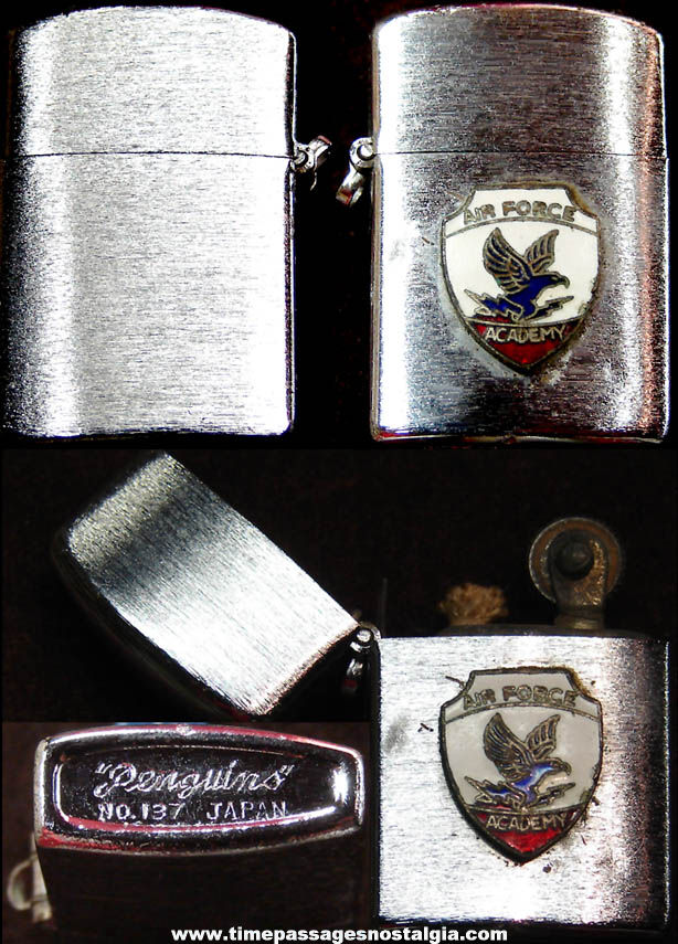 Old Miniature Metal Penguins U. S. Air Force Academy Advertising Souvenir Cigarette Lighter