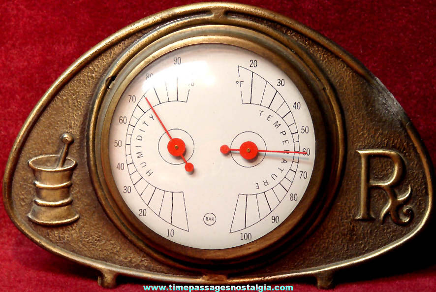 Old Brass or Bronze Pharmacy Hygrometer and Thermometer Gauges