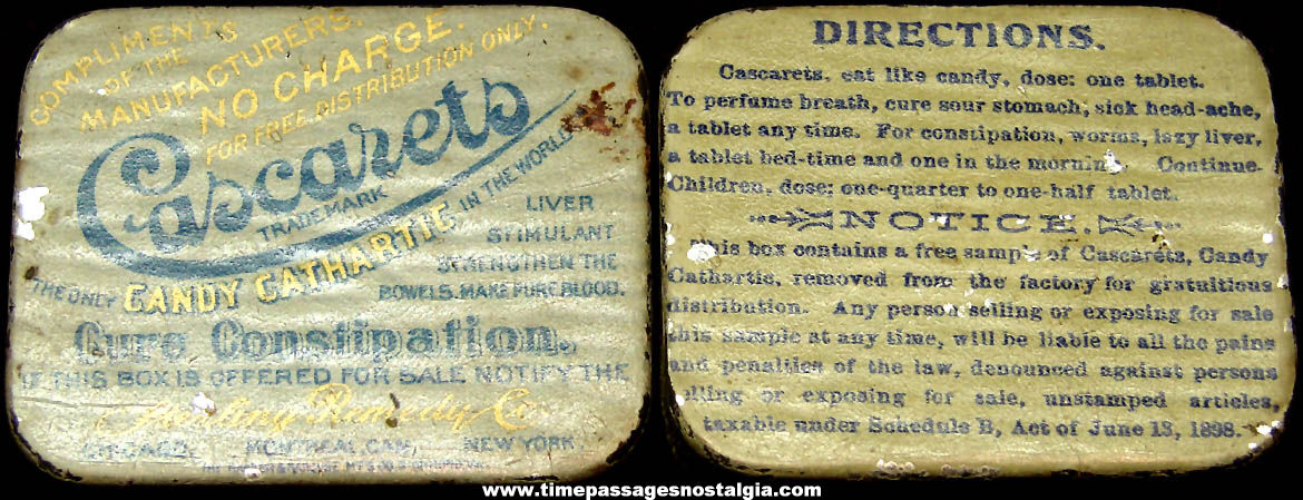 Small Old Cascarets Advertising Premium Sample Candy Cathartic Medicine Tin Container