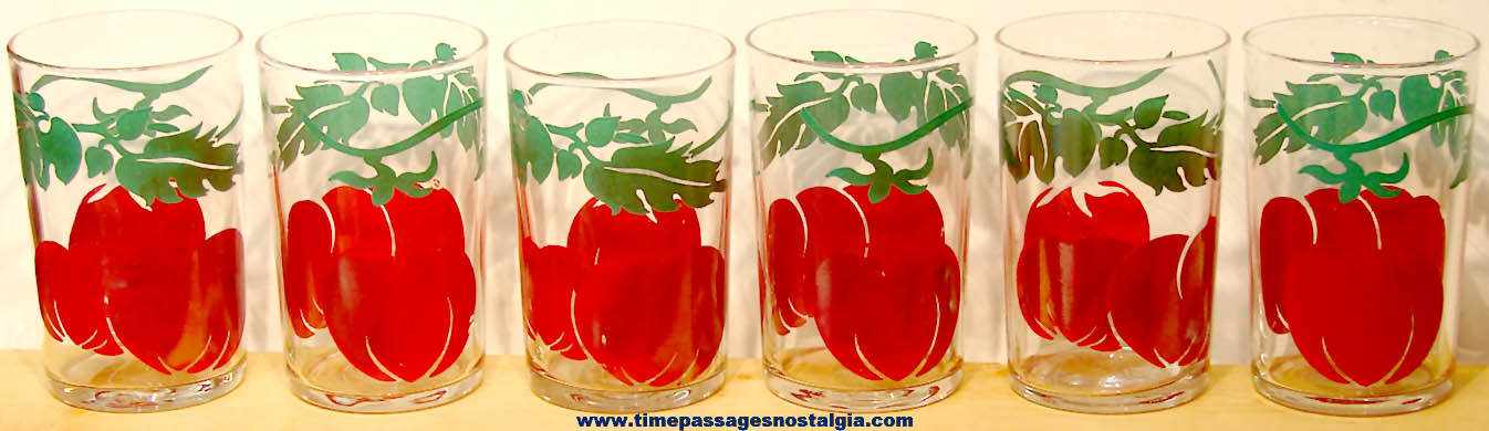 (6) Matching Old Painted Breakfast Tomato Juice Glasses