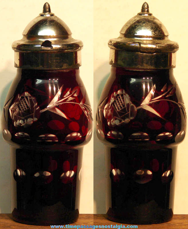 Old Cranberry or Ruby Red Cut Glass Condiment Jar with a Hinged Metal Lid or Cover
