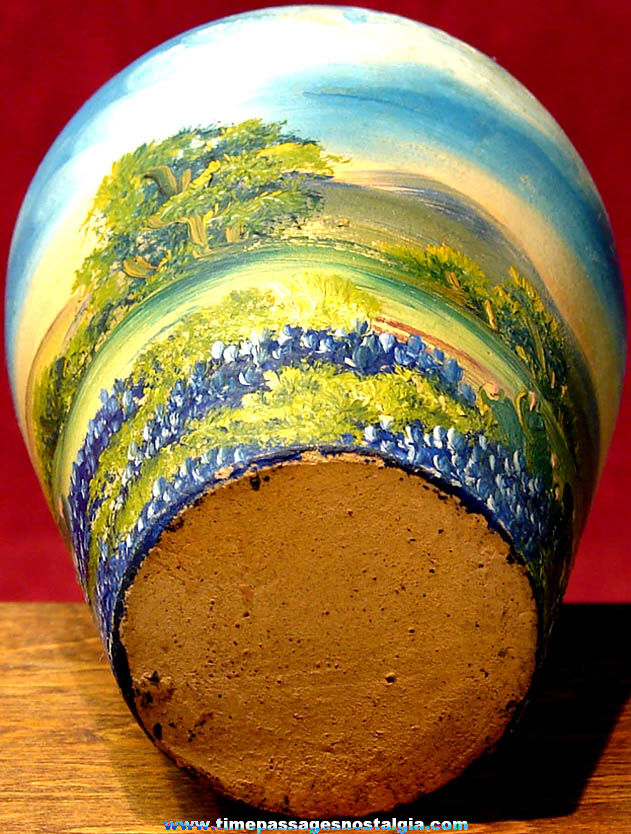 Small Old Colorful Pottery Flower Vase with Landscape Oil Painting