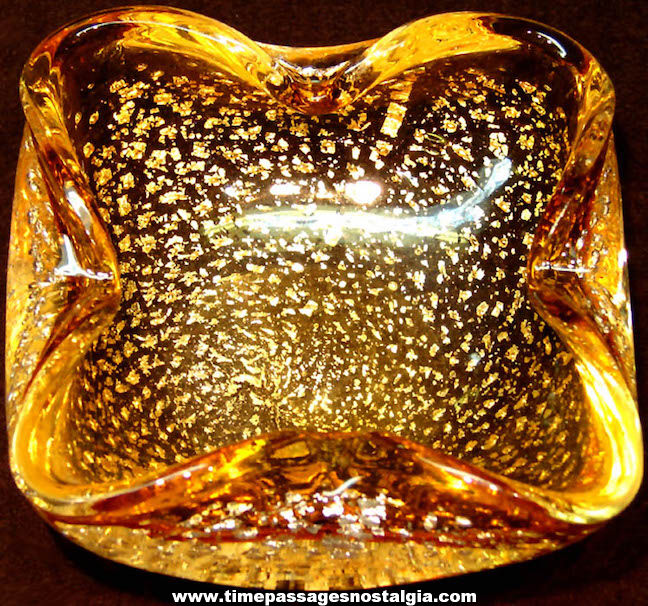 Old Hand Made Gold Flake Art Glass Bowl or Ash Tray