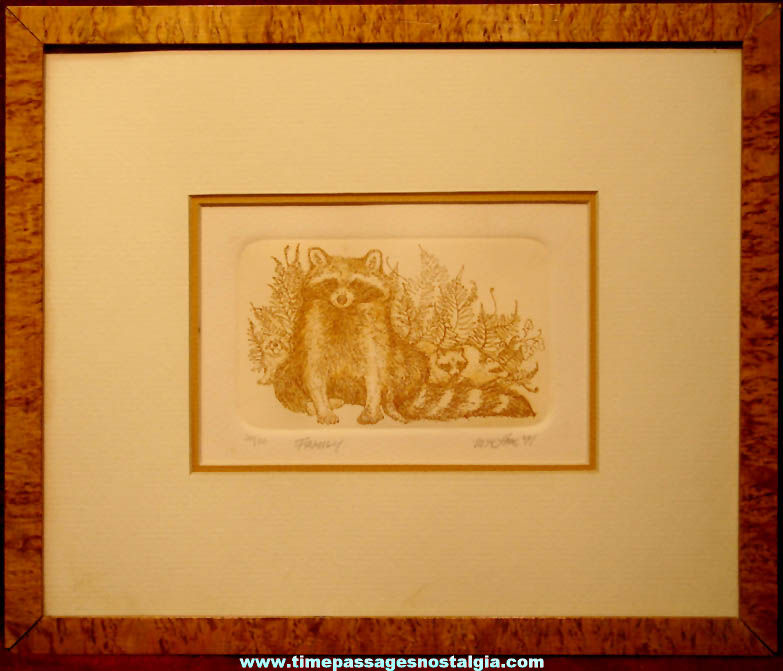 Signed Dated Numbered Matted & Framed Raccoon Family Intaglio Etching Animal Art Print