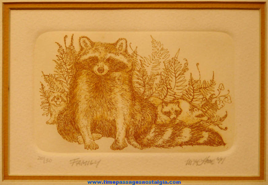 Signed Dated Numbered Matted & Framed Raccoon Family Intaglio Etching Animal Art Print