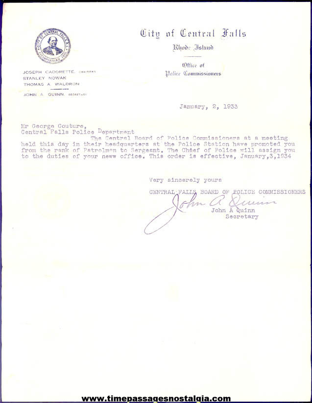 1933 City of Central Falls Rhode Island Board of Police Commissioners Promotion Letter