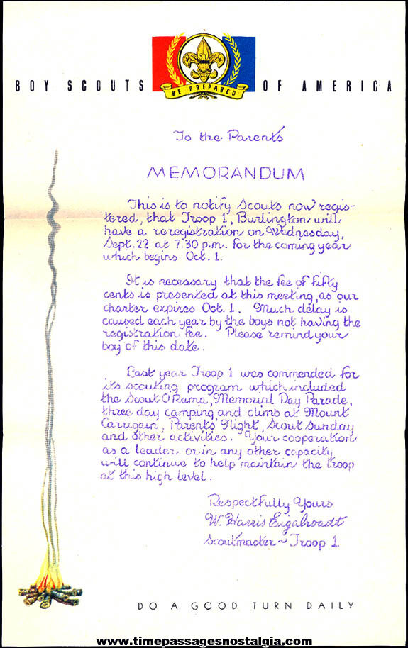 1954 Troop #1 Burlington Massachusetts Boy Scout Registration Letter with Envelope