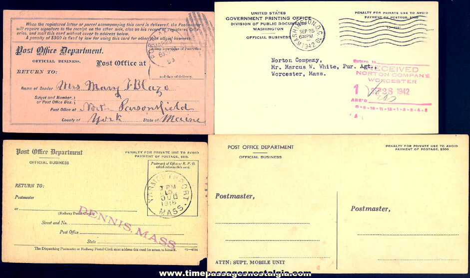(4) Different Old Postal or Post Office Receipt Cards