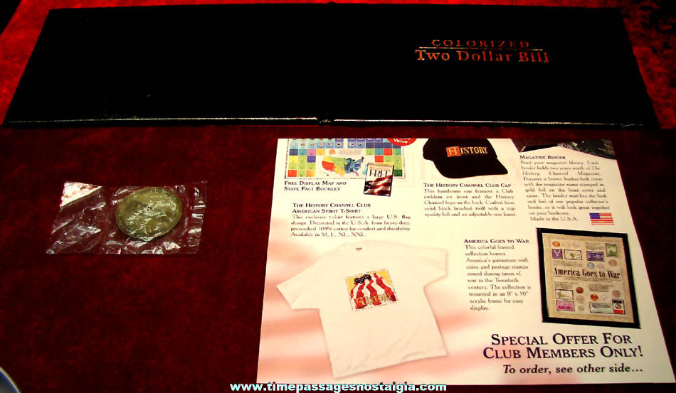 History Channel Club Colorized Two Dollar Bill with Presentation Case & Medallion Coin