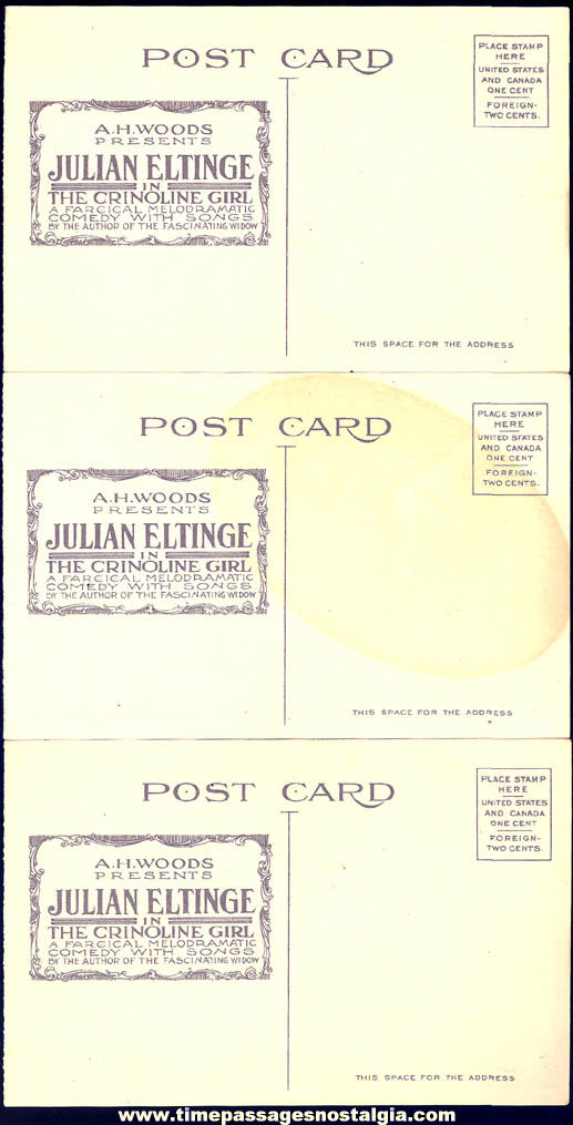 (6) Different 1914 Dated Julian Eltinge Female Impersonator Comedy Theatre Advertising Post Cards + Bonus