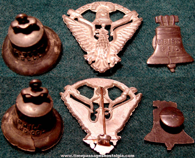 (3) Different Old Cracker Jack Pop Corn Confection Pot Metal or Lead Liberty Bell Toy Prize Jewelry Items
