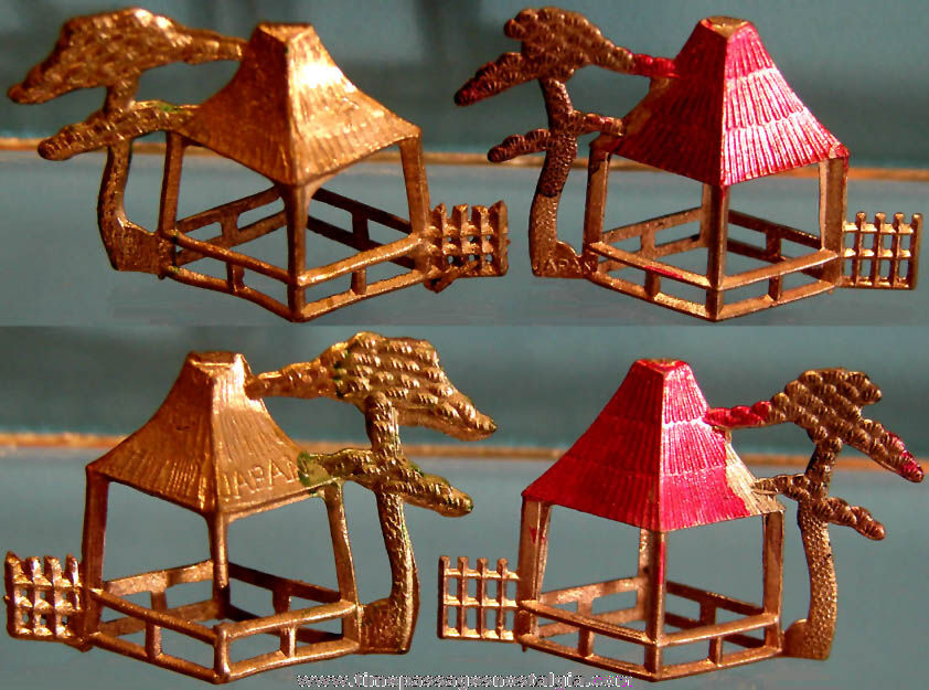 (2) Old Cracker Jack Pop Corn Confection Pot Metal or Lead Toy Prize Miniature Japanese Pavilion Buildings