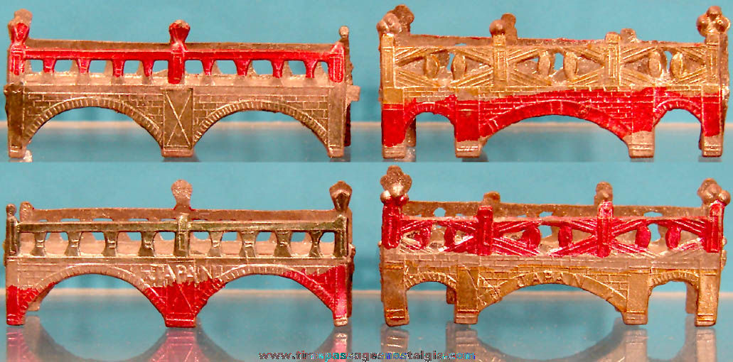 (2) Different Old Cracker Jack Pop Corn Confection Pot Metal or Lead Toy Prize Miniature Arched Stone Bridges