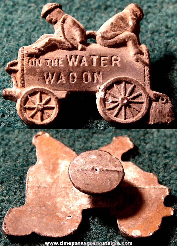 Old Cracker Jack Pop Corn Confection Pot Metal or Lead Toy Prize Water Wagon Lapel Stud Button
