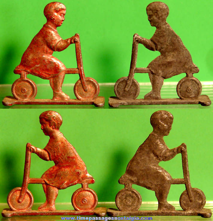 (2) Old Cracker Jack Pop Corn Confection Pot Metal or Lead Toy Prize Tricycles or Bicycles
