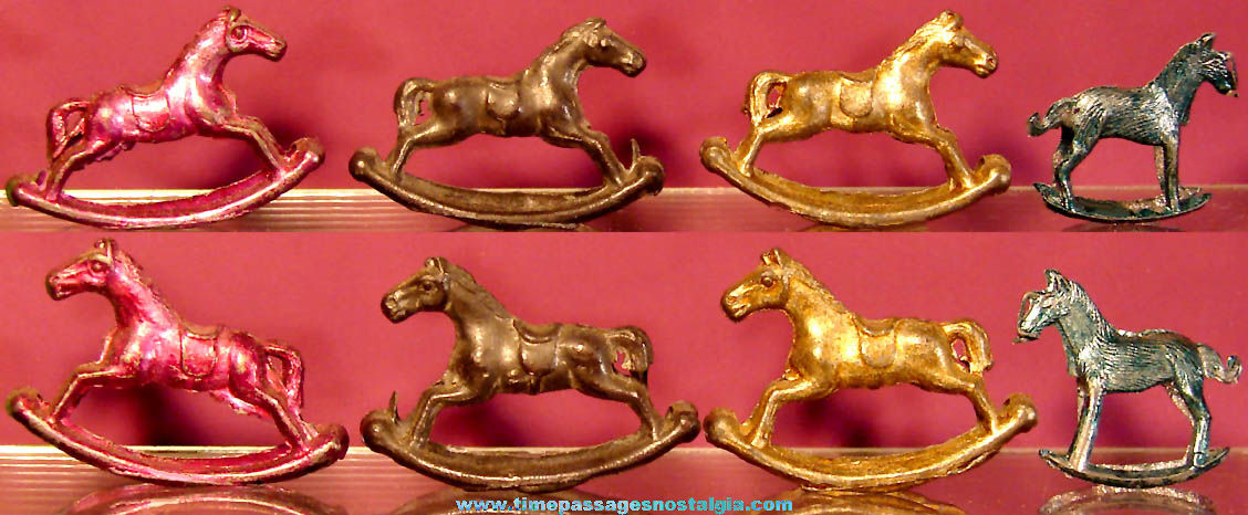 (4) Old Cracker Jack Pop Corn Confection Pot Metal or Lead Toy Prize Rocking Horse Figures