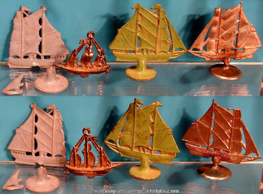 (4) Old Cracker Jack Pop Corn Confection Pot Metal or Lead Miniature Toy Prize Sailing Ships