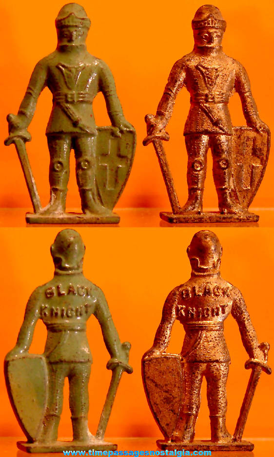 (2) Old Cracker Jack Pop Corn Confection Pot Metal or Lead Miniature Toy Prize Black Knight Figures
