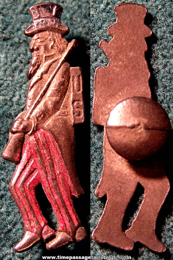 Rare World War II Cracker Jack Pop Corn Confection Pot Metal or Lead Miniature Toy Prize Uncle Sam Lapel Stud Button