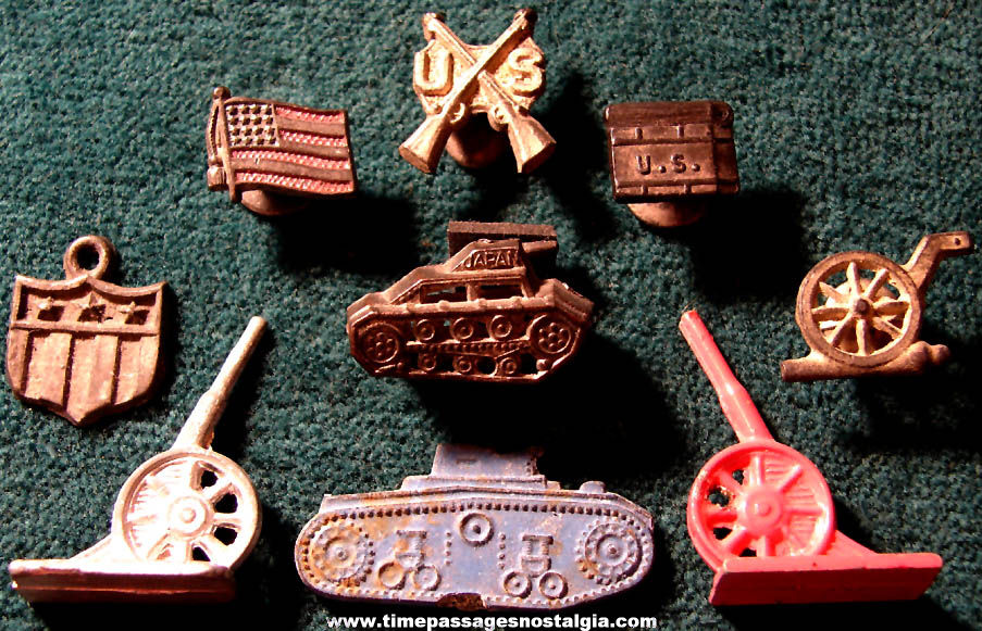 (9) Old Cracker Jack Pop Corn Confection Pot Metal or Lead Miniature Toy Prize Patriotic & Military Items