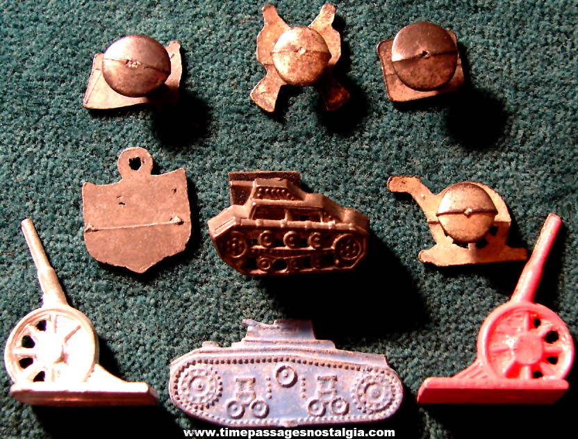 (9) Old Cracker Jack Pop Corn Confection Pot Metal or Lead Miniature Toy Prize Patriotic & Military Items