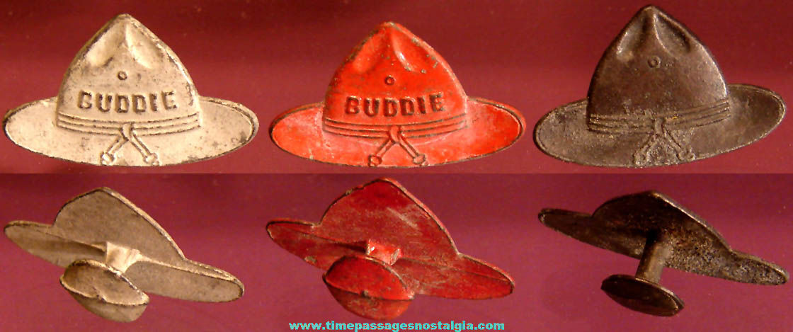 (3) Old World War I Cracker Jack Pop Corn Confection Pot Metal or Lead Miniature Toy Prize Buddie Soldier Hat Lapel Stud Buttons