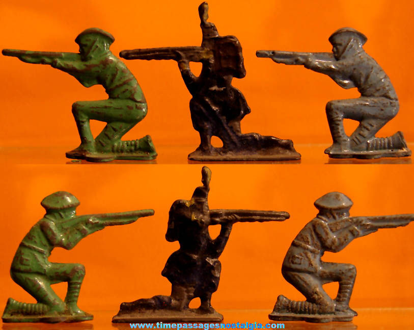 (3) Old Cracker Jack Pop Corn Confection Pot Metal or Lead Miniature Toy Prize Army Soldiers with Rifles