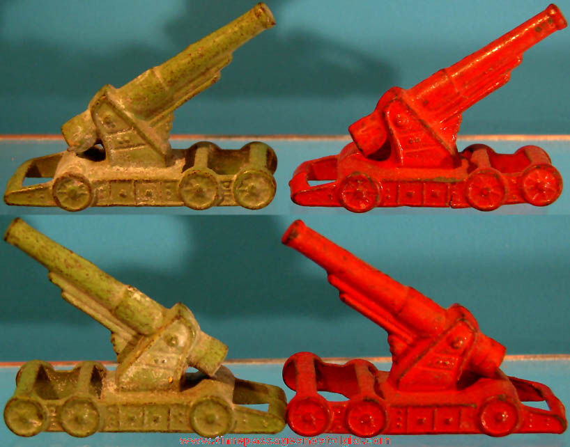 (2) Old Matching Cracker Jack Pop Corn Confection Pot Metal or Lead Miniature Toy Prize World War II Railway Cannons