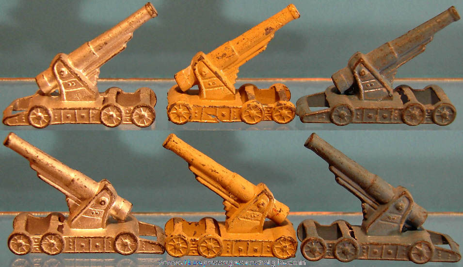 (3) Old Matching Cracker Jack Pop Corn Confection Pot Metal or Lead Miniature Toy Prize World War II Railway Cannons