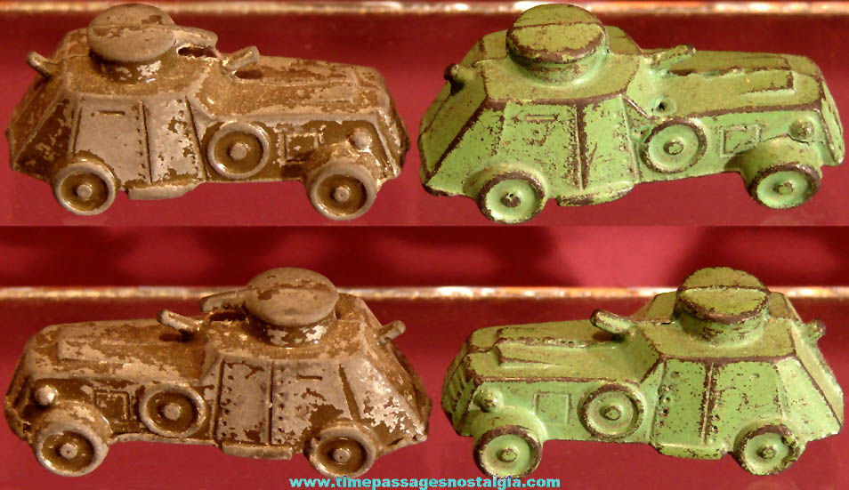 (2) Old Matching Cracker Jack Pop Corn Confection Pot Metal or Lead Miniature Toy Prize World War II U.S. Army Armored Vehicles