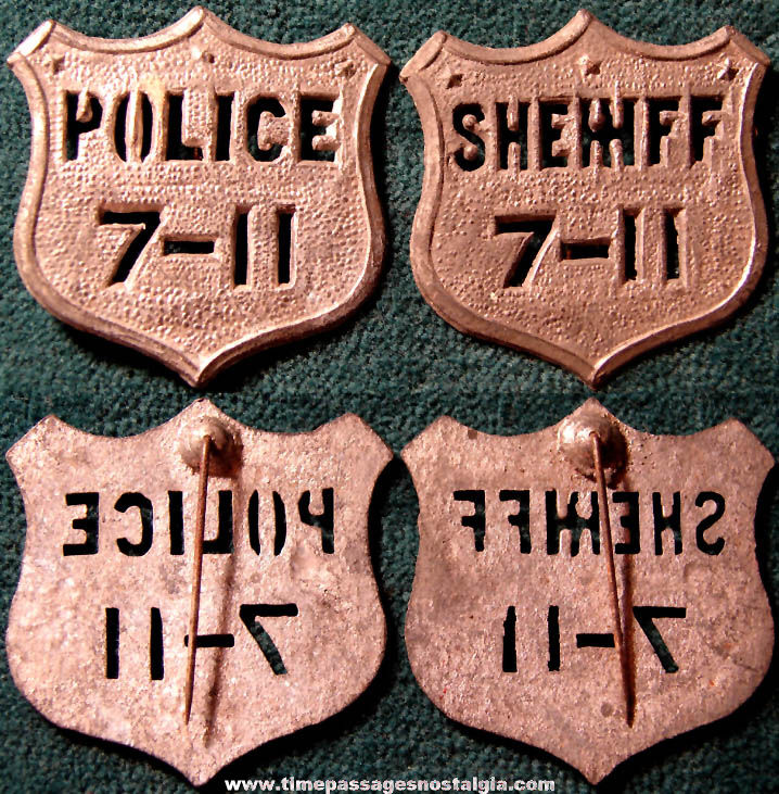 (2) Old Cracker Jack Pop Corn Confection Pot Metal or Lead Miniature Toy Prize Police & Sheriff Badge Pins