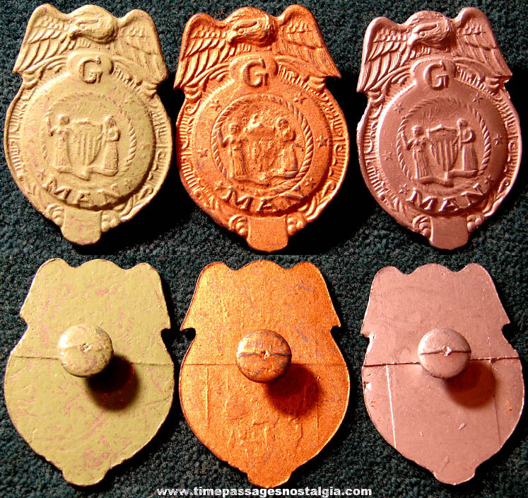 (3) Old Painted Cracker Jack Pop Corn Confection Pot Metal or Lead Miniature Toy Prize G Man Lapel Stud Button Badges