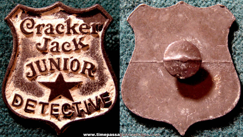 Old Cracker Jack Pop Corn Confection Pot Metal or Lead Miniature Toy Prize Cracker Jack Junior Detective Lapel Stud Button Badge