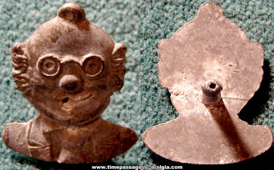 Rare Old Cracker Jack Pop Corn Confection Pot Metal or Lead Miniature Toy Prize Foxy Grandpa Comic Strip Character Lapel Stud Button
