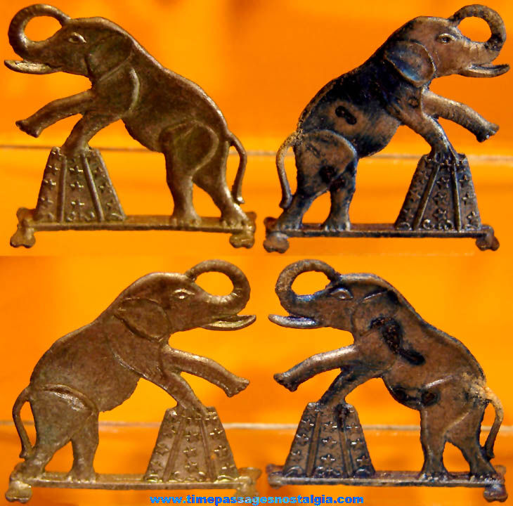 (2) Old Cracker Jack Pop Corn Confection Pot Metal or Lead Miniature Toy Prize Circus Elephant Animal Figures