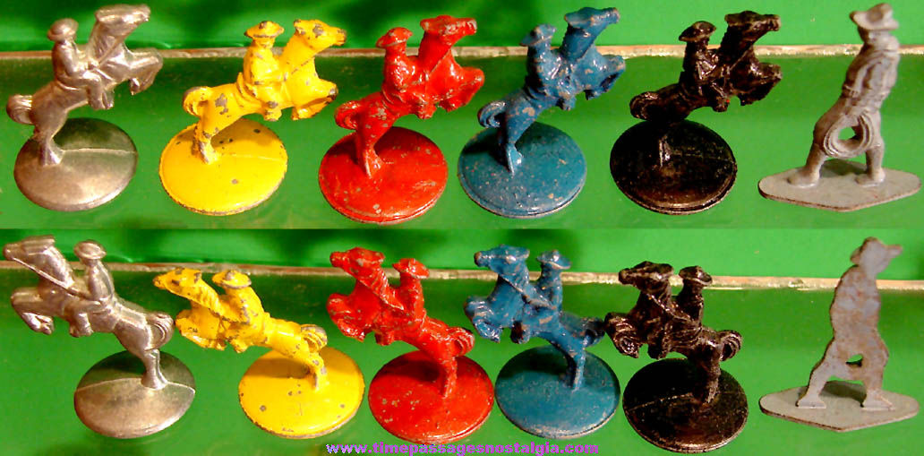 (6) Old Cracker Jack Pop Corn Confection Miniature Metal Toy Prize Horse & Cowboy Figures