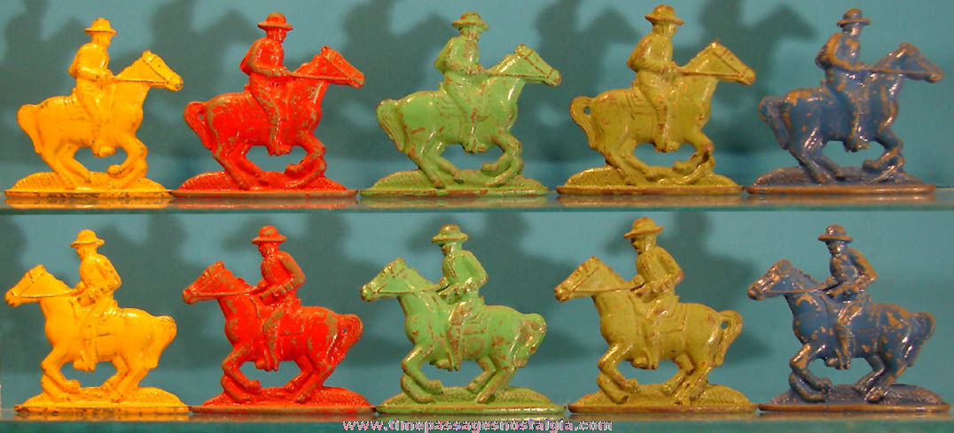 (5) Old Cracker Jack Pop Corn Confection Miniature Metal Toy Prize Cowboy & Horse Figures